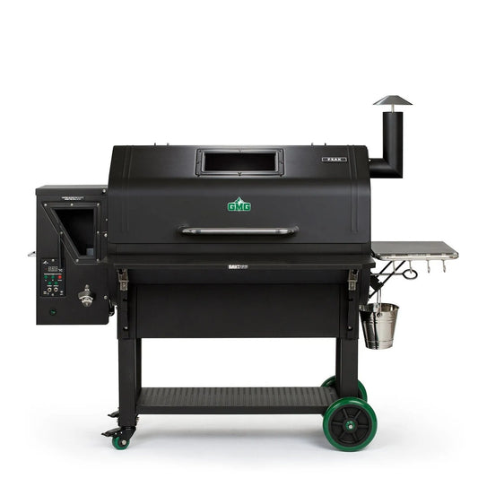 Black gmc p-300 pellet grill with green wheels and stainless steel bucket for gmg peak prime plus wifi smoker