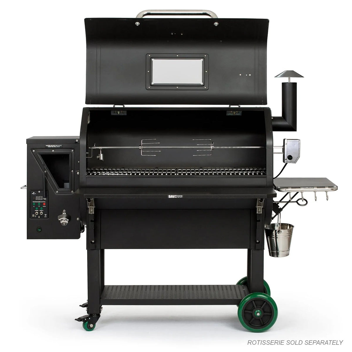 Gmg peak prime plus wifi pellet grill smoker in black stainless steel with green wheels and rotisserie attachment