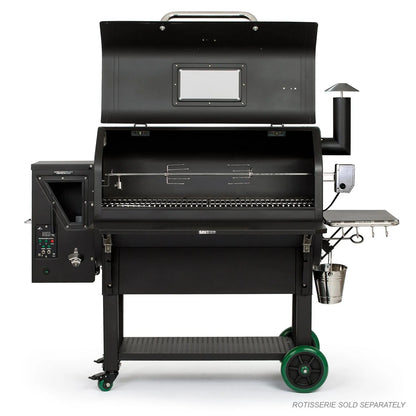 Gmg peak prime plus wifi pellet grill smoker in black stainless steel with green wheels and rotisserie attachment