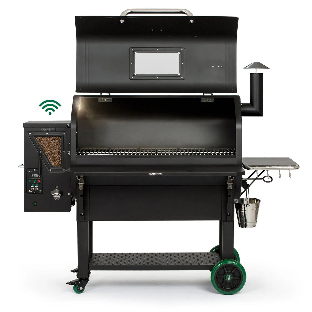 Black GMG PEAK PRIME PLUS WiFi pellet grill smoker with green wheels and digital control panel for outdoor cooking