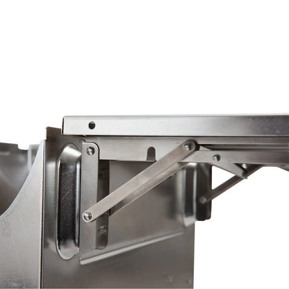 Stainless steel foldable table leg with polished finish and hinge mechanism on GMG trek cart for trek prime grill
