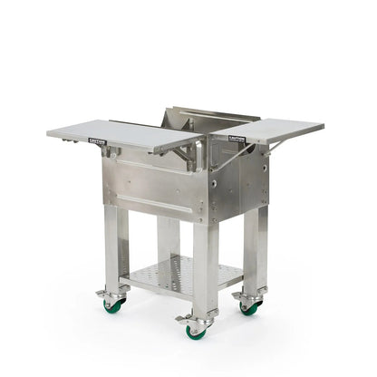 Stainless steel gmg trek cart with two fold-down work surfaces and green casters for trek prime grill use