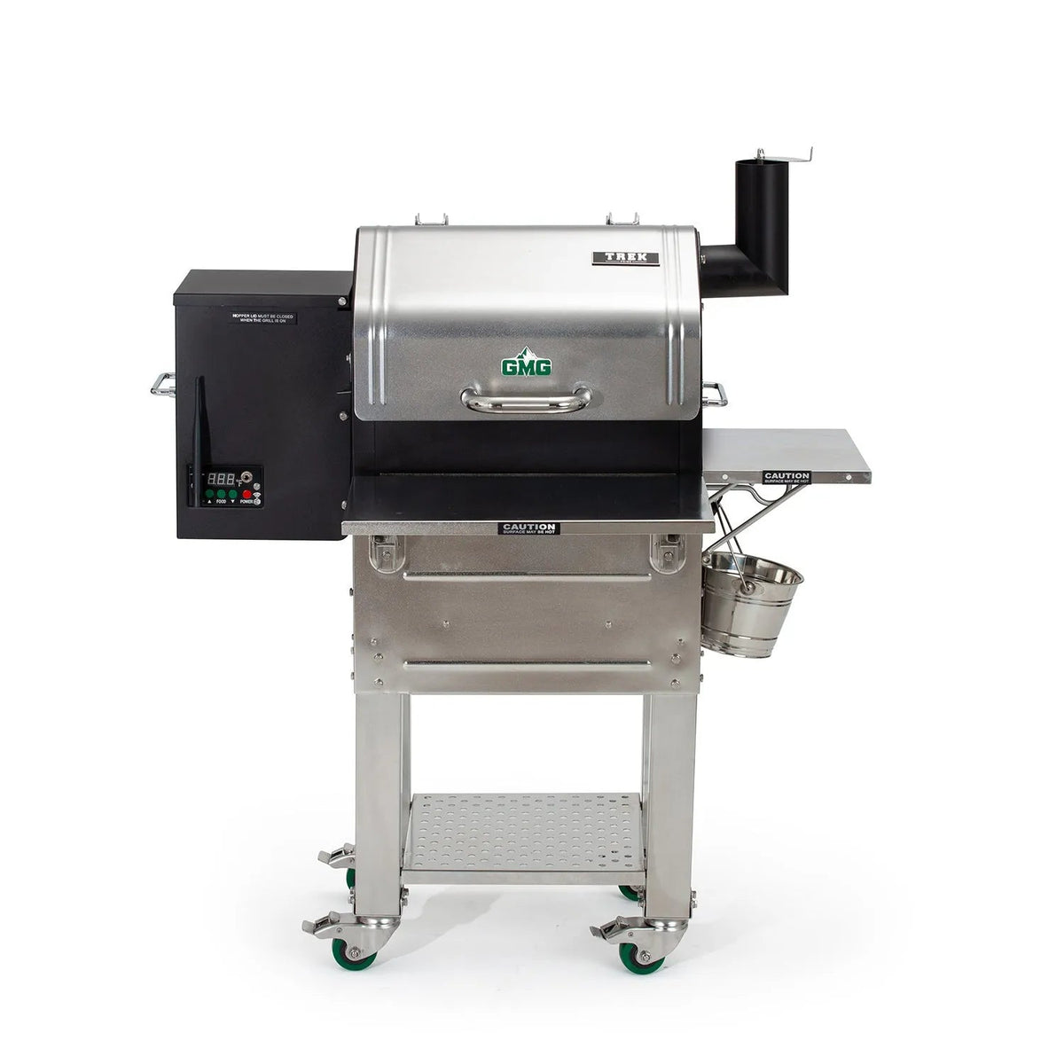 Silver and black gmg smokey joe xx grill with stainless steel construction digital control panel and green-wheeled casters
