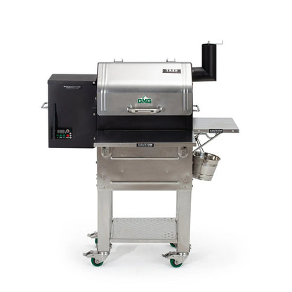Silver and black gmg smokey joe xx grill with stainless steel construction digital control panel and green-wheeled casters