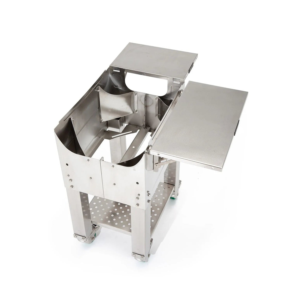 Stainless steel folding grill cart with a sleek modern design and perforated lower shelf for GMG TREK PRIME grill