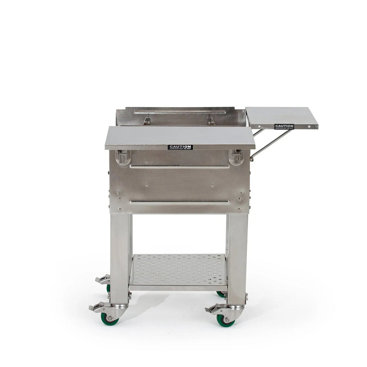 Stainless steel GMG trek cart for TREK PRIME grill with flat top, side shelves, and green-wheeled casters