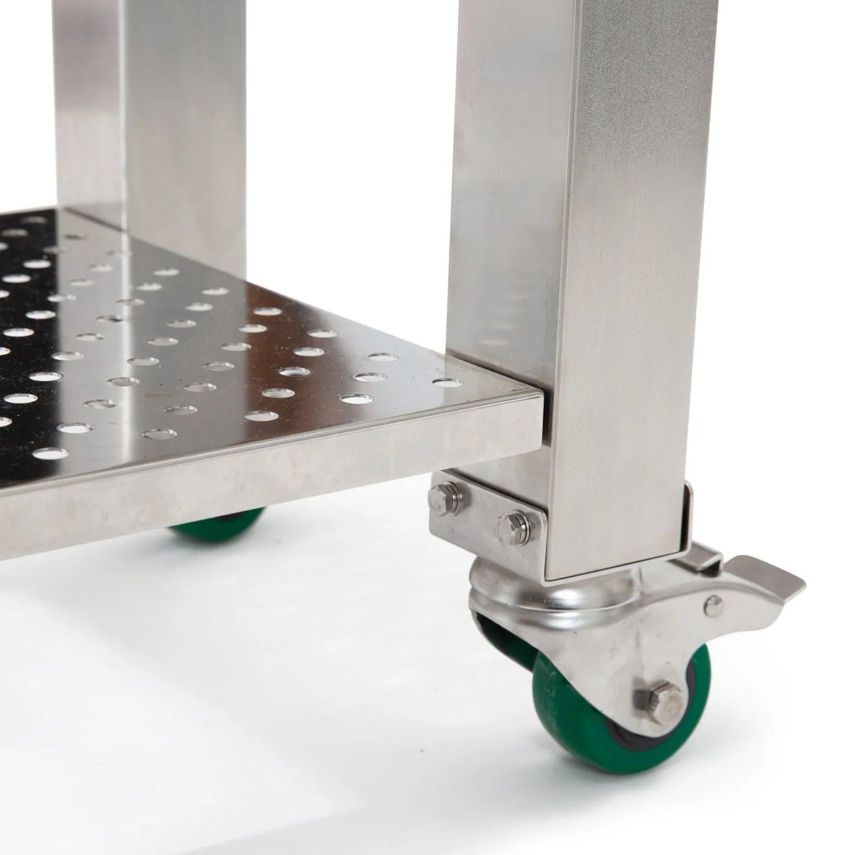 Stainless steel gmg trek cart with perforated metal shelf and green caster wheels for trek prime grill GMG-4028