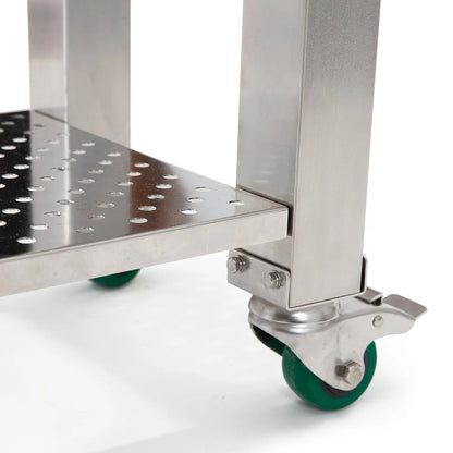Stainless steel gmg trek cart with perforated metal shelf and green caster wheels for trek prime grill GMG-4028
