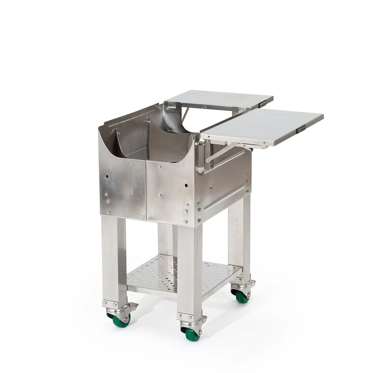 Stainless steel GMG trek cart with two foldable trays and green casters for TREK prime grill GMG-4028