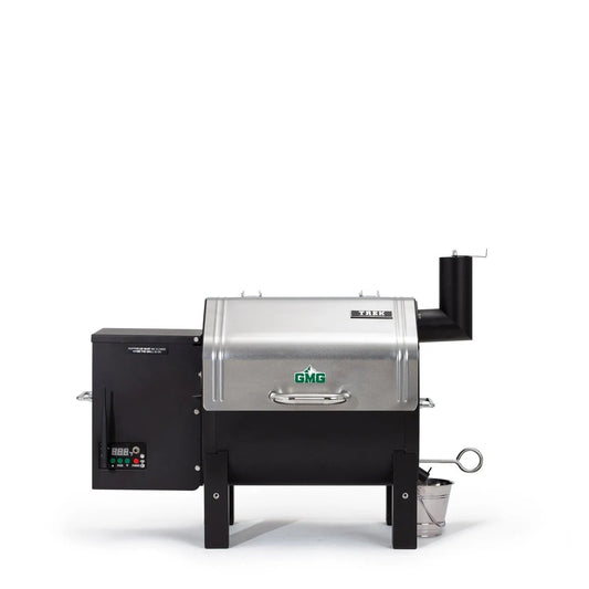 Silver and black GMG trek prime plus WiFi portable wood pellet grill smoker with digital control panel on left side
