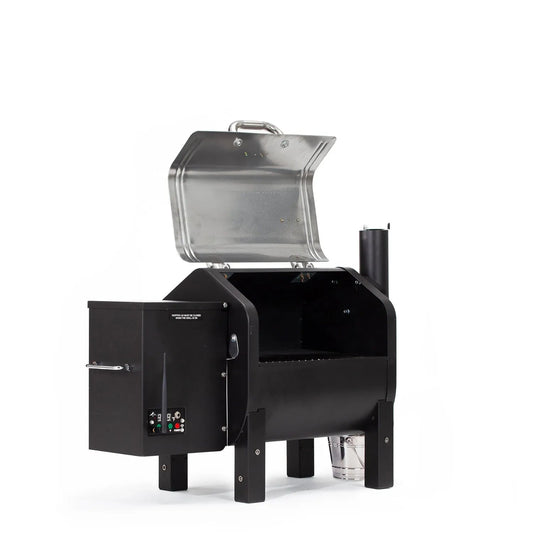 Gmg trek prime plus wifi portable pellet grill smoker in black stainless steel with silver lid and control panel
