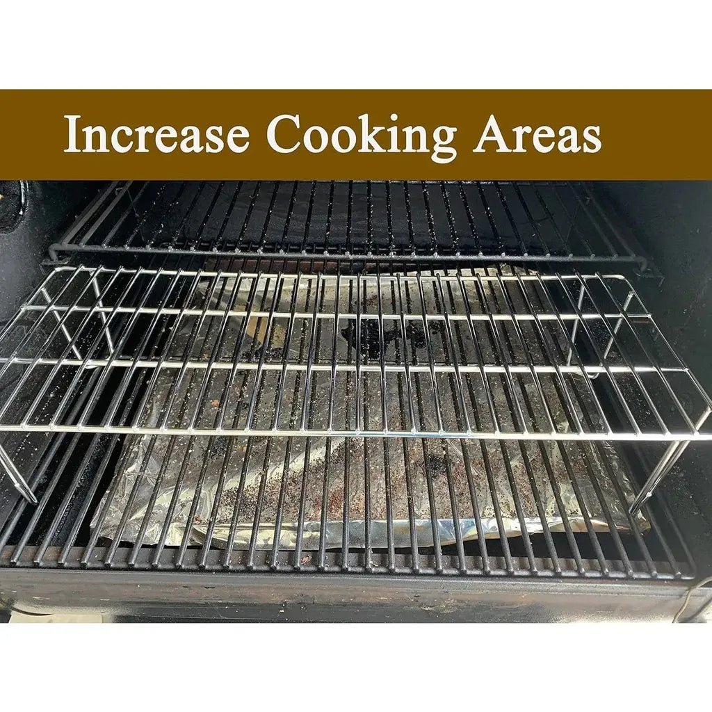 Silver metal GMG upper rack for pellet grills with a second level for increased cooking areas and capacity