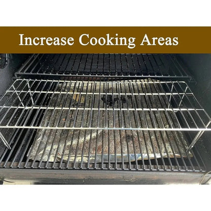 Silver metal GMG upper rack for pellet grills with a second level for increased cooking areas and capacity