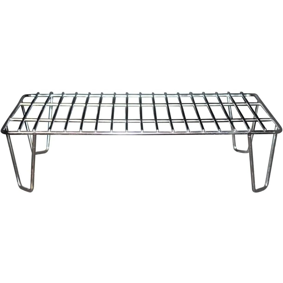 Chrome-finished metal wire GMG upper rack for pellet grills with grid pattern and angled legs for sturdy cooking support