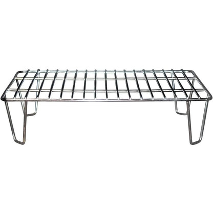 Chrome-finished metal wire GMG upper rack for pellet grills with grid pattern and angled legs for sturdy cooking support