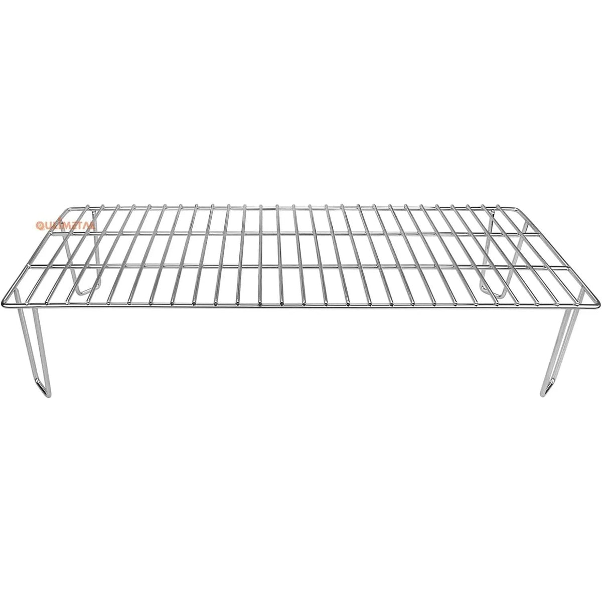 Silver metal wire rack with grid pattern and angled legs for GMG upper rack pellet grills