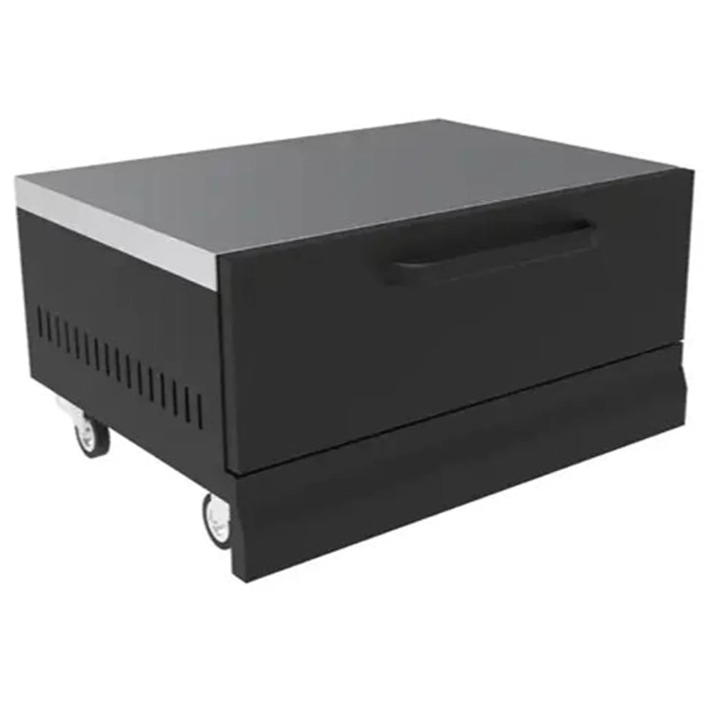 Black ceramic kamado grill cabinet with silver trim and wheels for mobility grllr connect kamado low unit gr-24-con-klc