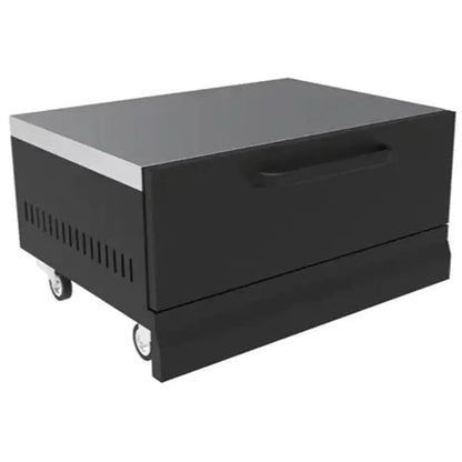 Black ceramic kamado grill cabinet with silver trim and wheels for mobility grllr connect kamado low unit gr-24-con-klc