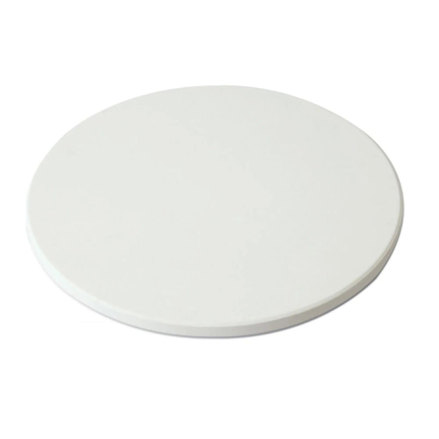 White circular GRLLR pizza stone coaster with smooth flat surface and slightly raised edges for Ember 22 inch grill