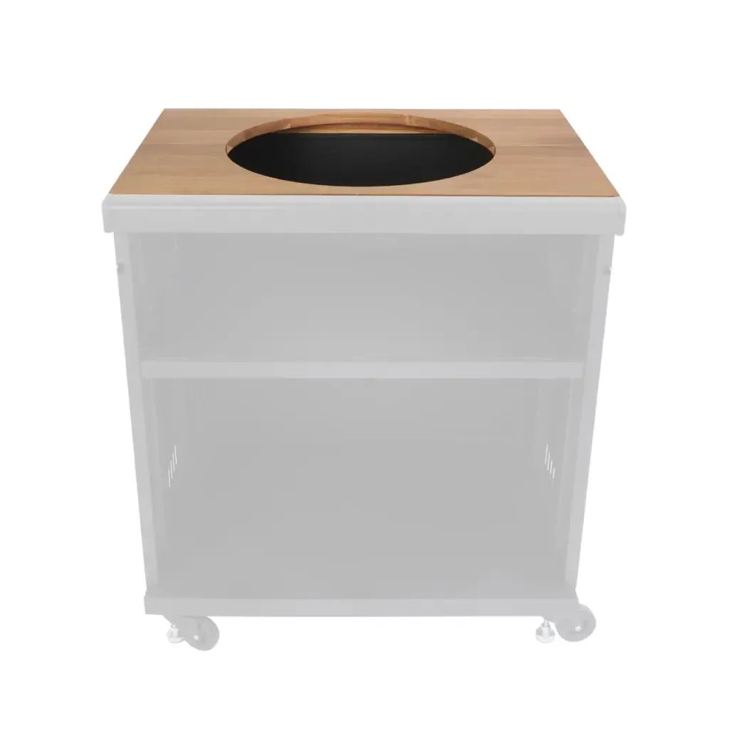 White metal cart with light wood top and black insert featuring two open shelves and wheels for grllr kamado unit