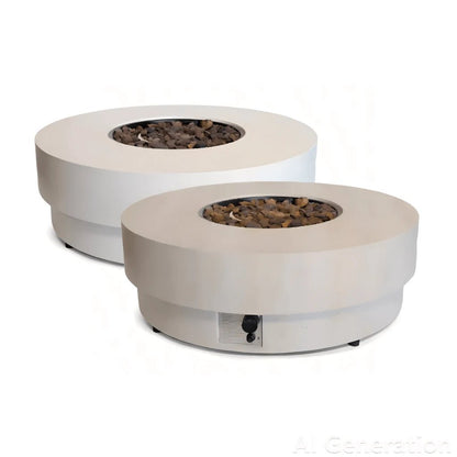 Modern white concrete fire pit table with circular top and dark brown wood chips happy cocooning estate round 105