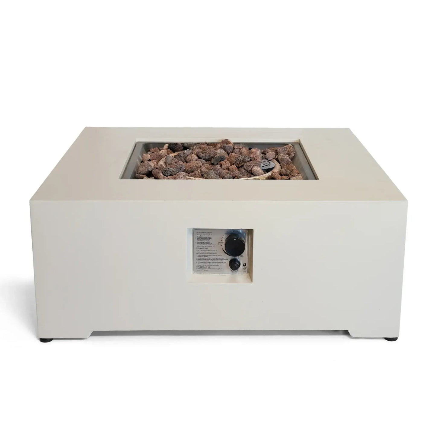 Cream-colored Happy Cocooning Estate Square 88 gas fire pit table with brown lava rocks and front control panel