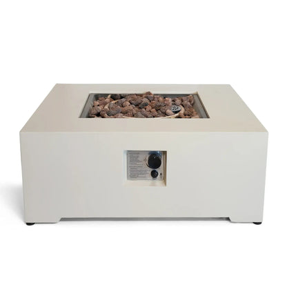Cream-colored Happy Cocooning Estate Square 88 gas fire pit table with brown lava rocks and front control panel