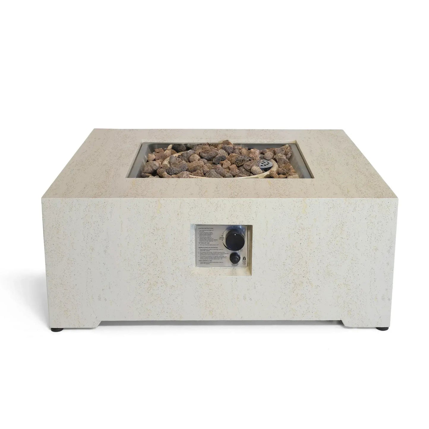 Beige concrete square fire pit with recessed rectangular burner filled with gray and brown lava rocks by Happy Cocooning Estate