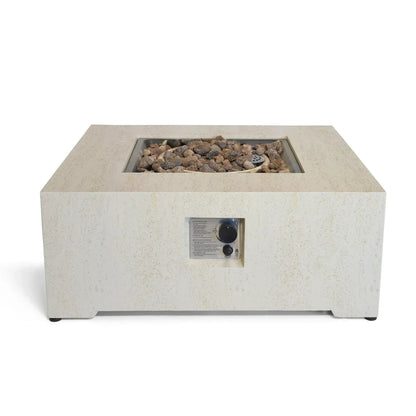 Beige concrete square fire pit with recessed rectangular burner filled with gray and brown lava rocks by Happy Cocooning Estate