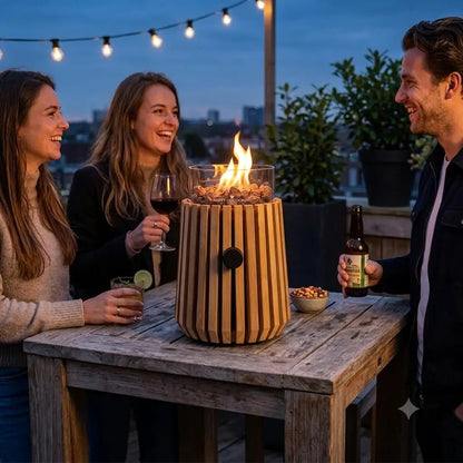 Happy cocooning lumi lagune teak tabletop gas fireplace with wooden slats and glass top showing flame outdoors