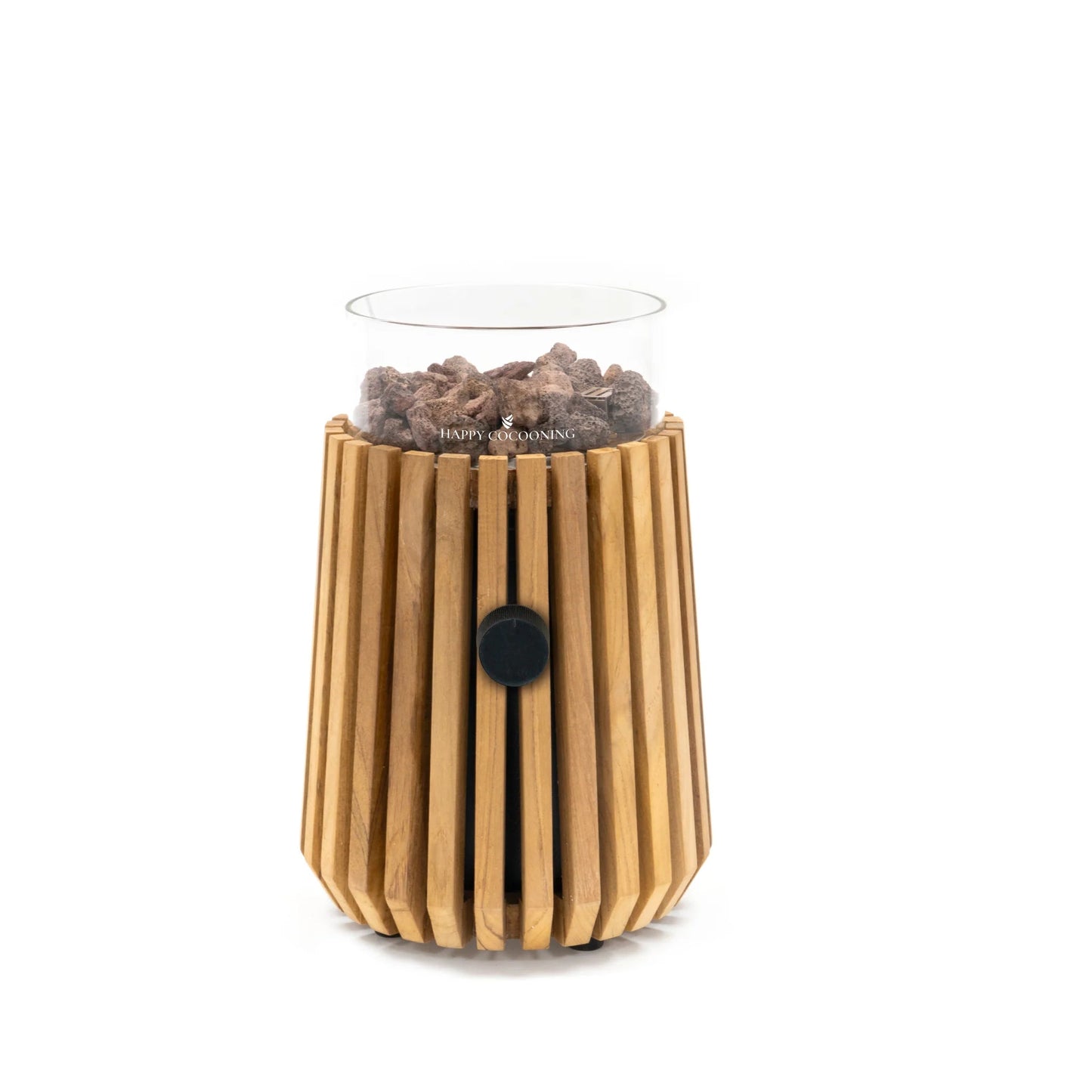 Happy cocooning lumi lagune teak tabletop gas fireplace with light wood slat diffuser and glass top with dark stones