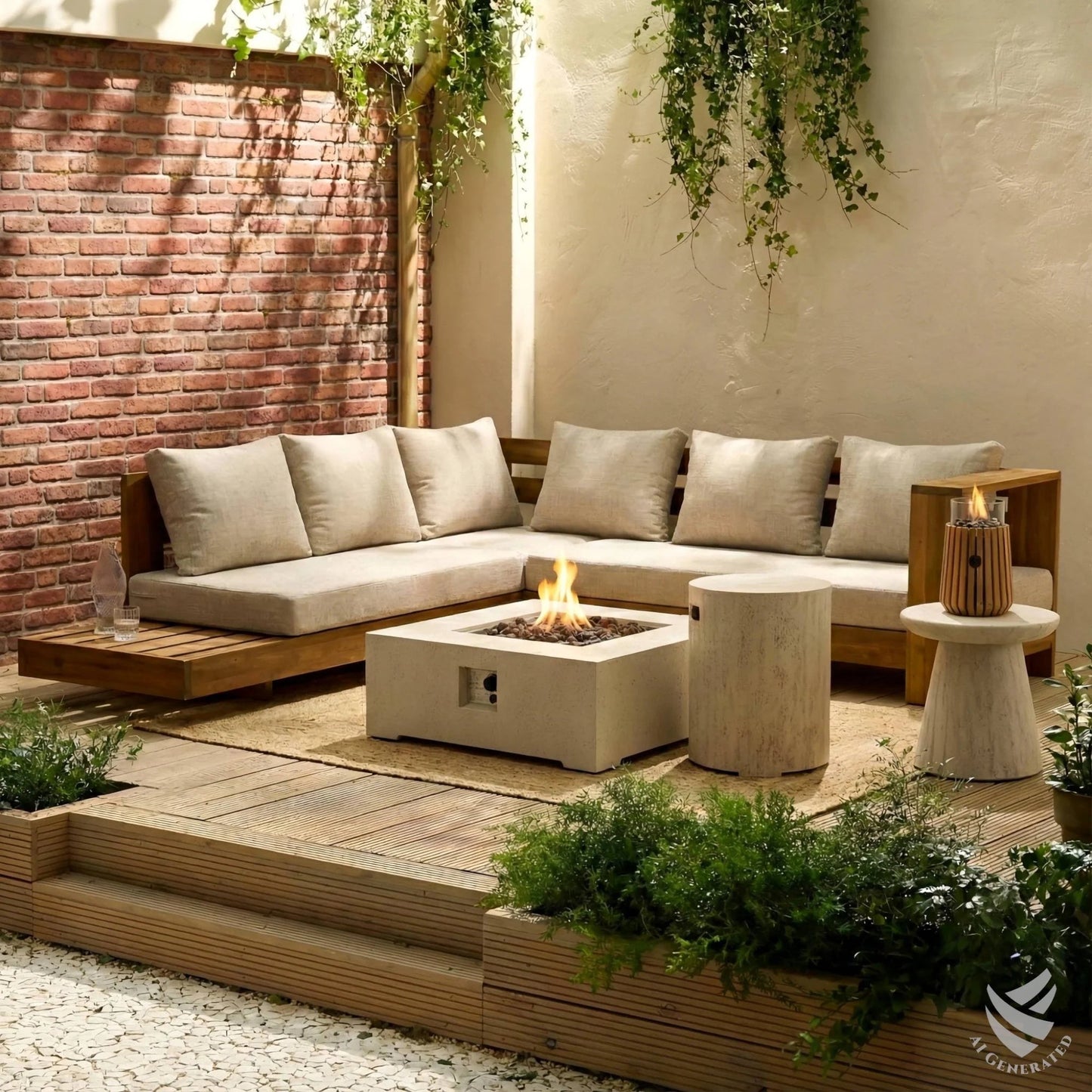 Modern wooden sectional sofa with beige cushions and built-in happy cocooning lumi lagune teak tabletop gas fireplace