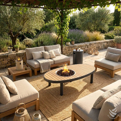 Oval wooden coffee table with central gas fire pit and black metal legs happy cocooning riviera 140 hcriv140