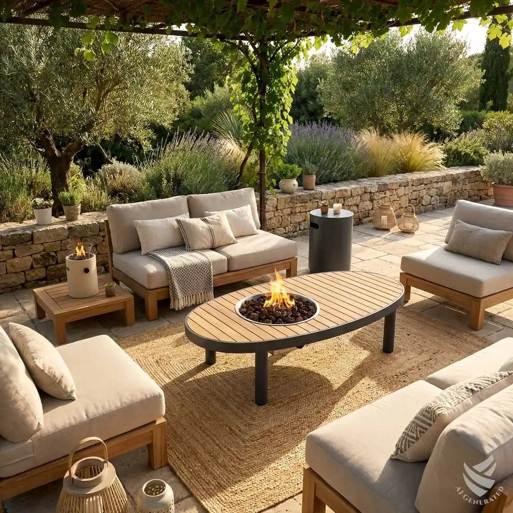 Happy cocooning riviera 140 gas fire pit table with oval dark metal frame light wood slats and active center flame