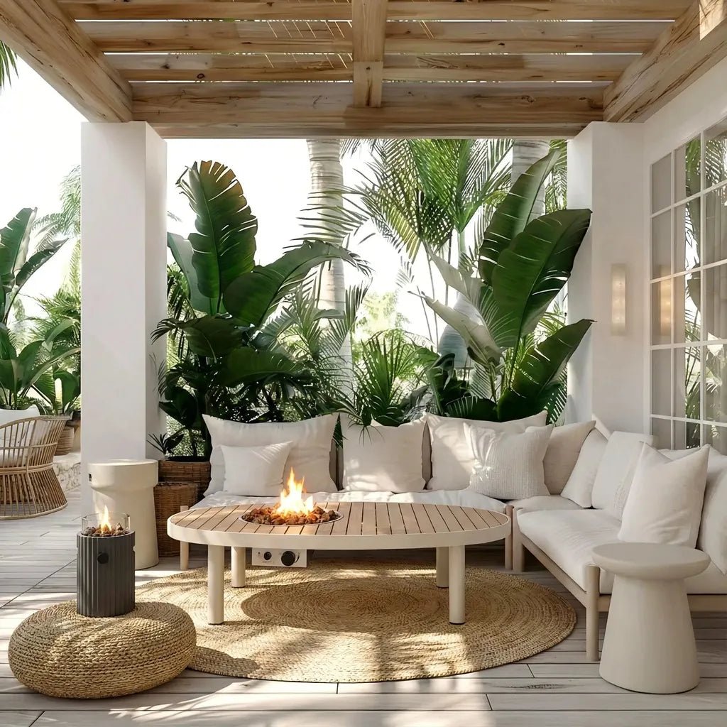 White sectional sofa with plush cushions and wooden coffee table in front of happy cocooning riviera 140 gas fire pit table