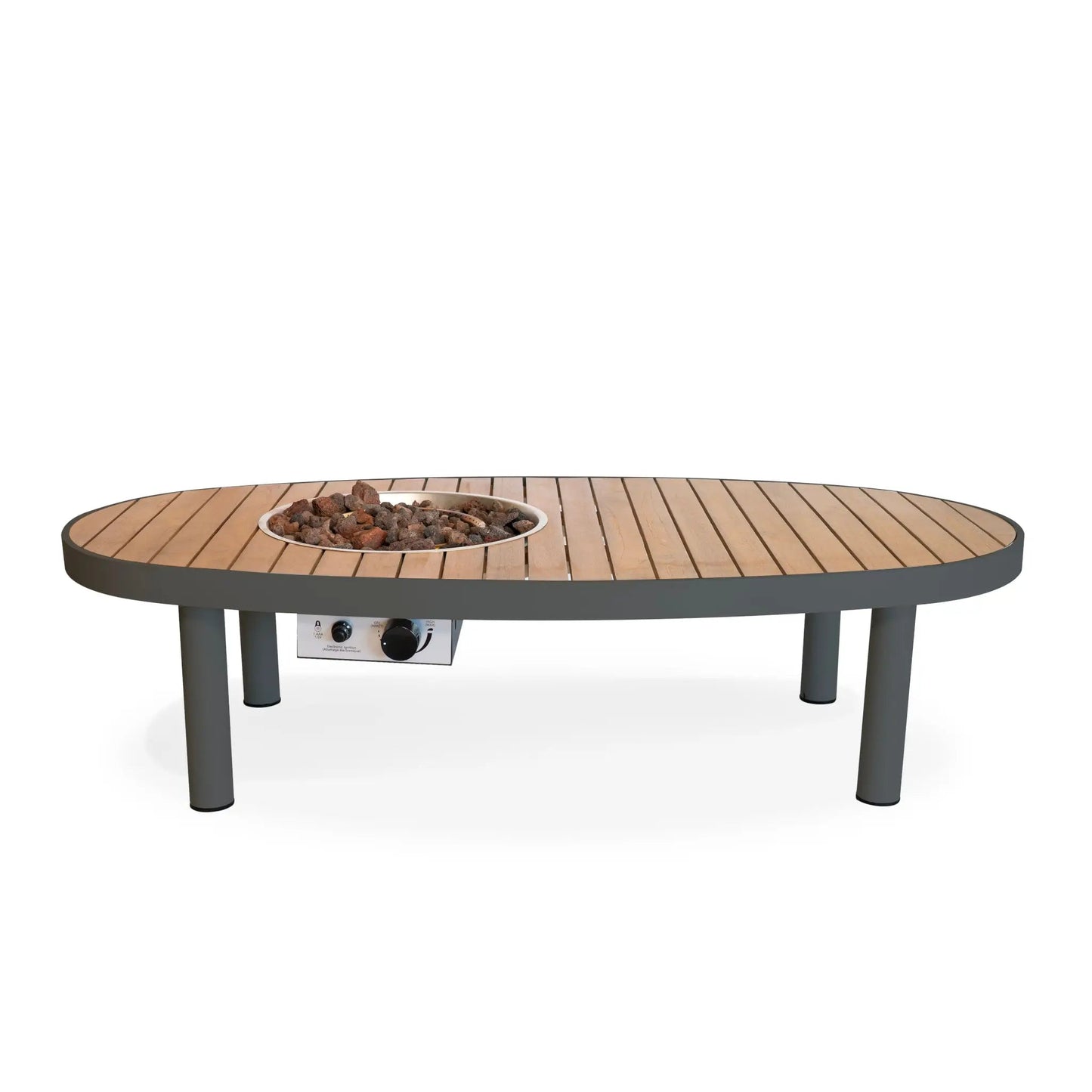 Happy cocooning riviera 140 gas fire pit table with oval light wood slat top and dark gray metal frame outdoors
