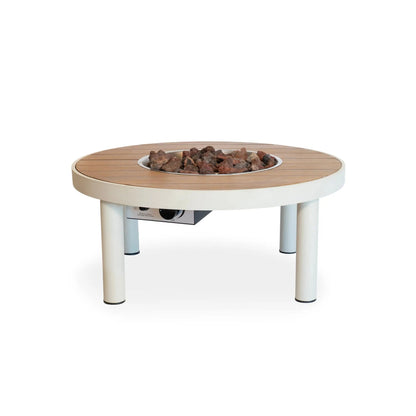 Happy Cocooning Riviera 80 gas fire pit table with round light wood top white metal legs and reddish brown burner stones