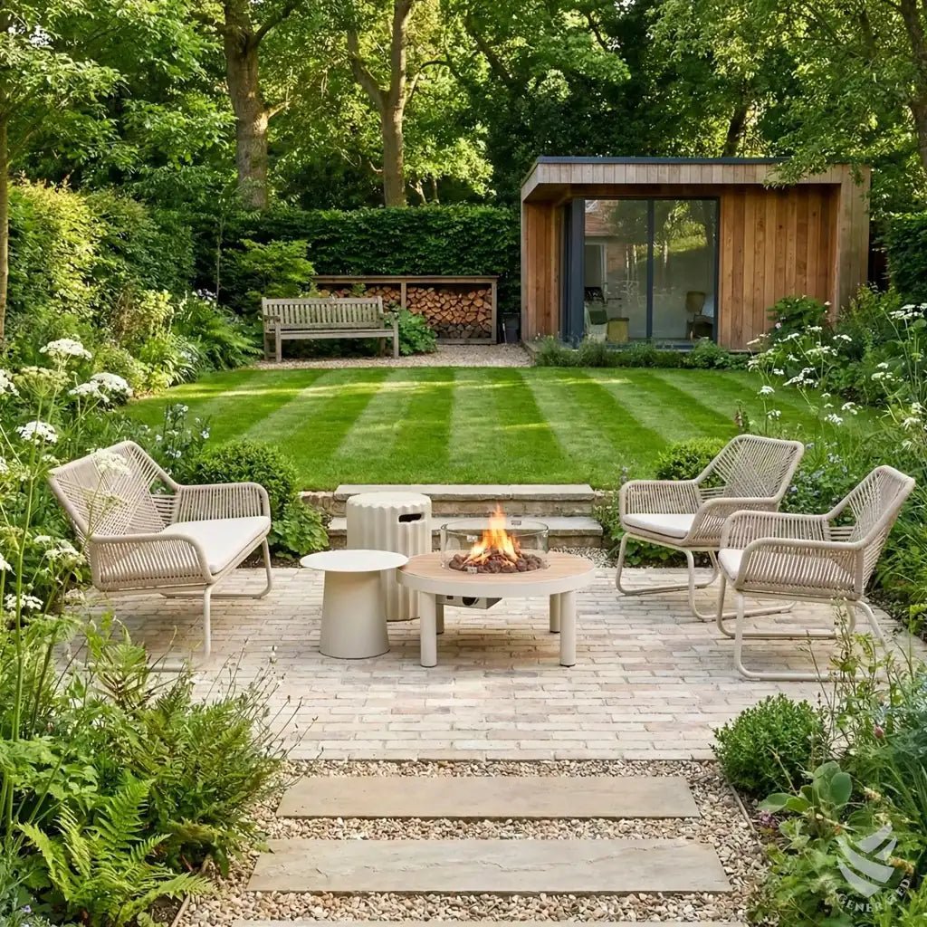 Happy cocooning riviera 80 gas fire pit table round wooden fire pit with small flame on paved patio with wicker chairs