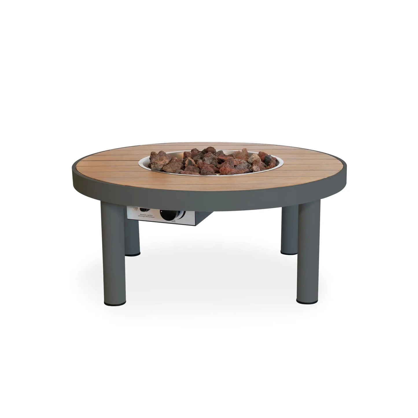 Happy cocooning riviera 80 gas fire pit table with round light wood top gray metal legs and central burner with rocks
