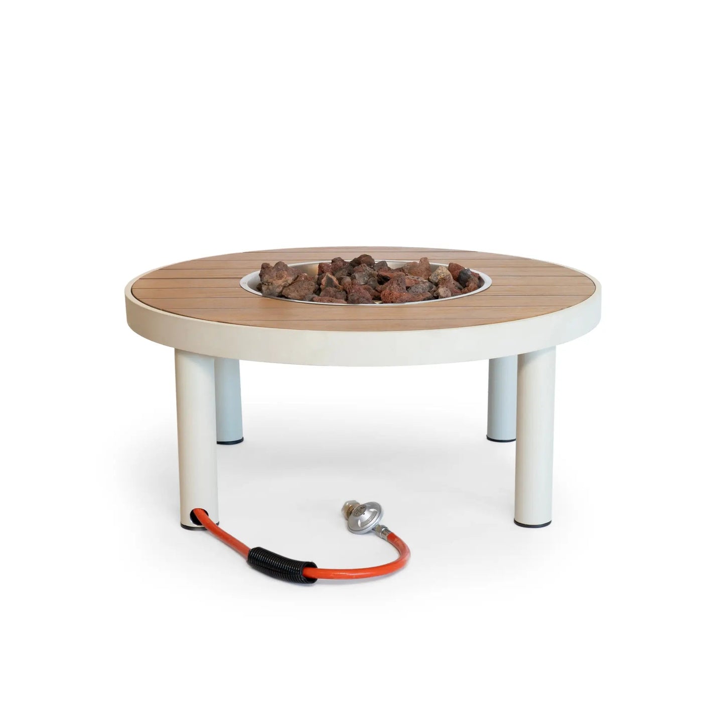 Happy cocooning riviera 80 gas fire pit table with round light wood top white metal legs and dark lava rock burner