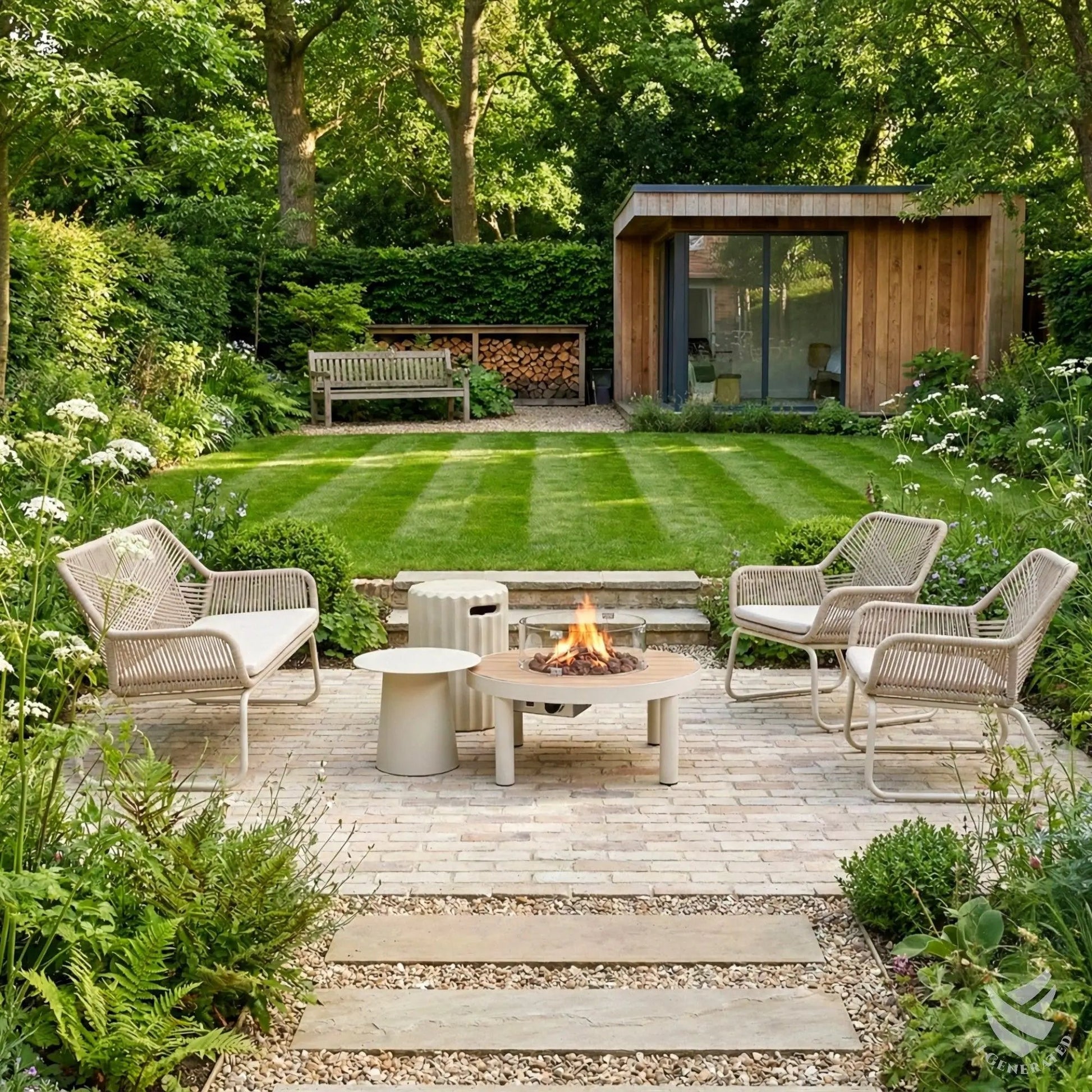 Happy cocooning riviera 80 gas fire pit table lit flame round wood finish with wicker chairs on stone patio