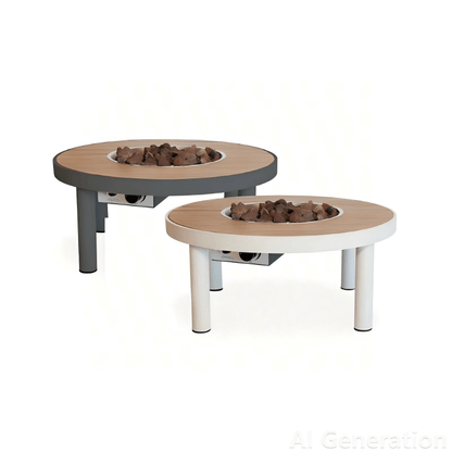 Modern round outdoor Happy Cocooning Riviera 80 gas fire pit tables with wood-grain tops and metal legs in gray and white