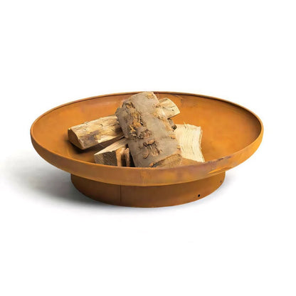Rust-colored corten steel heat fire bowl classic fire pit with stacked logs inside for outdoor use