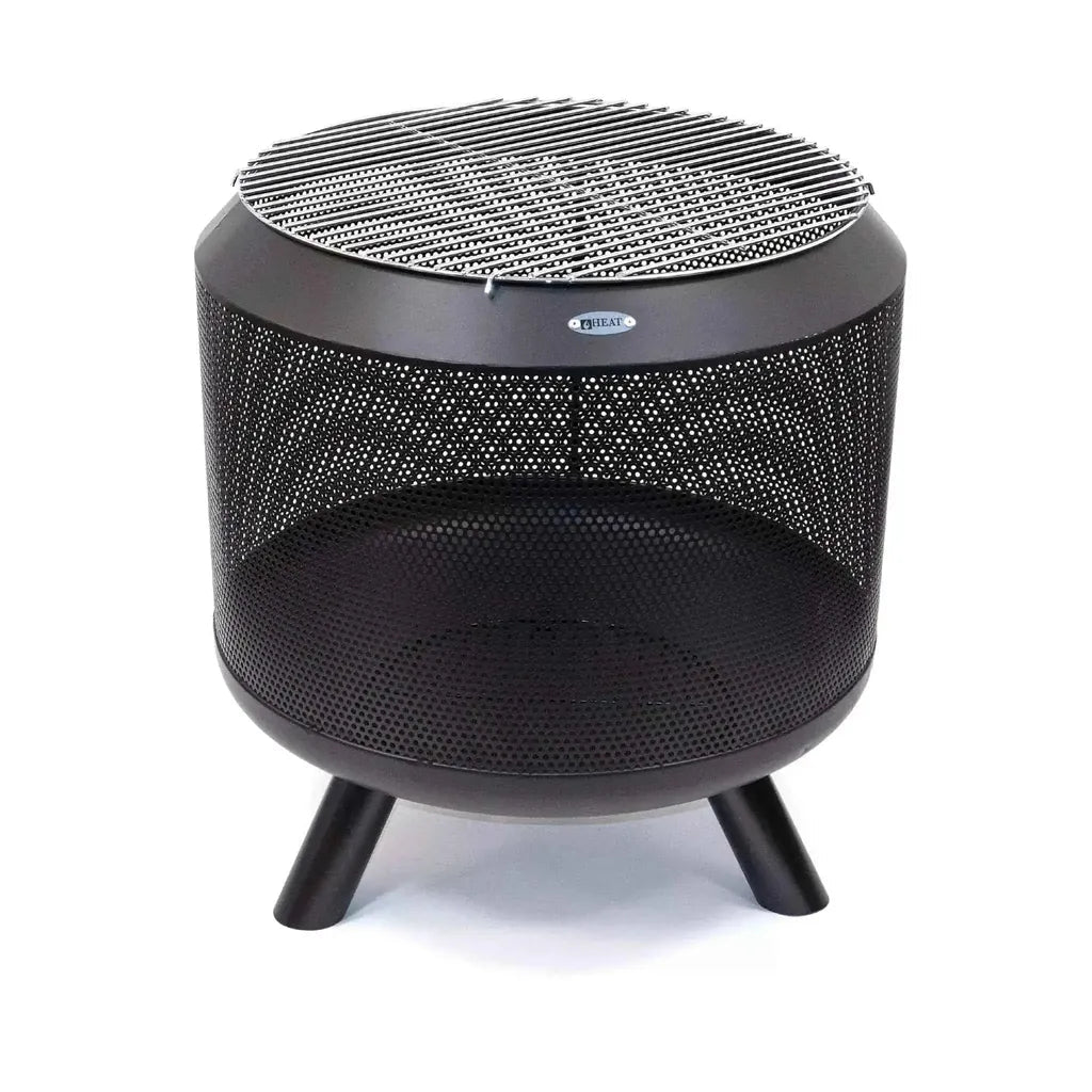 Black mesh fire pit with circular grill top and three sturdy legs from HEAT fire drum fire basket model FP.006
