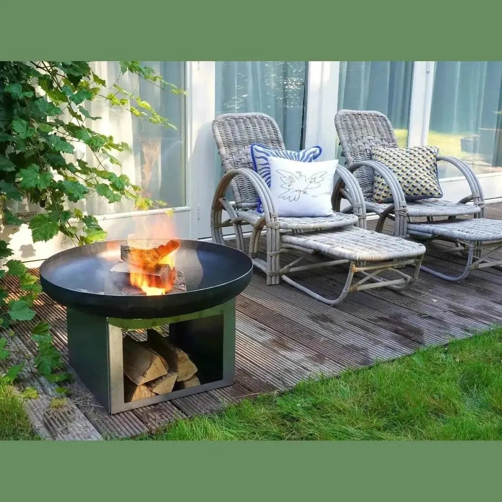 Heat fresvik fire bowl 80cm with black metal fire pit square base and open storage with burning wood inside