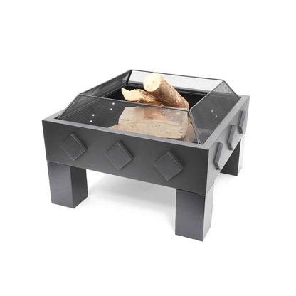 Heat kvadrat square garden fire pit black metal with diamond accents and mesh sides holding logs inside