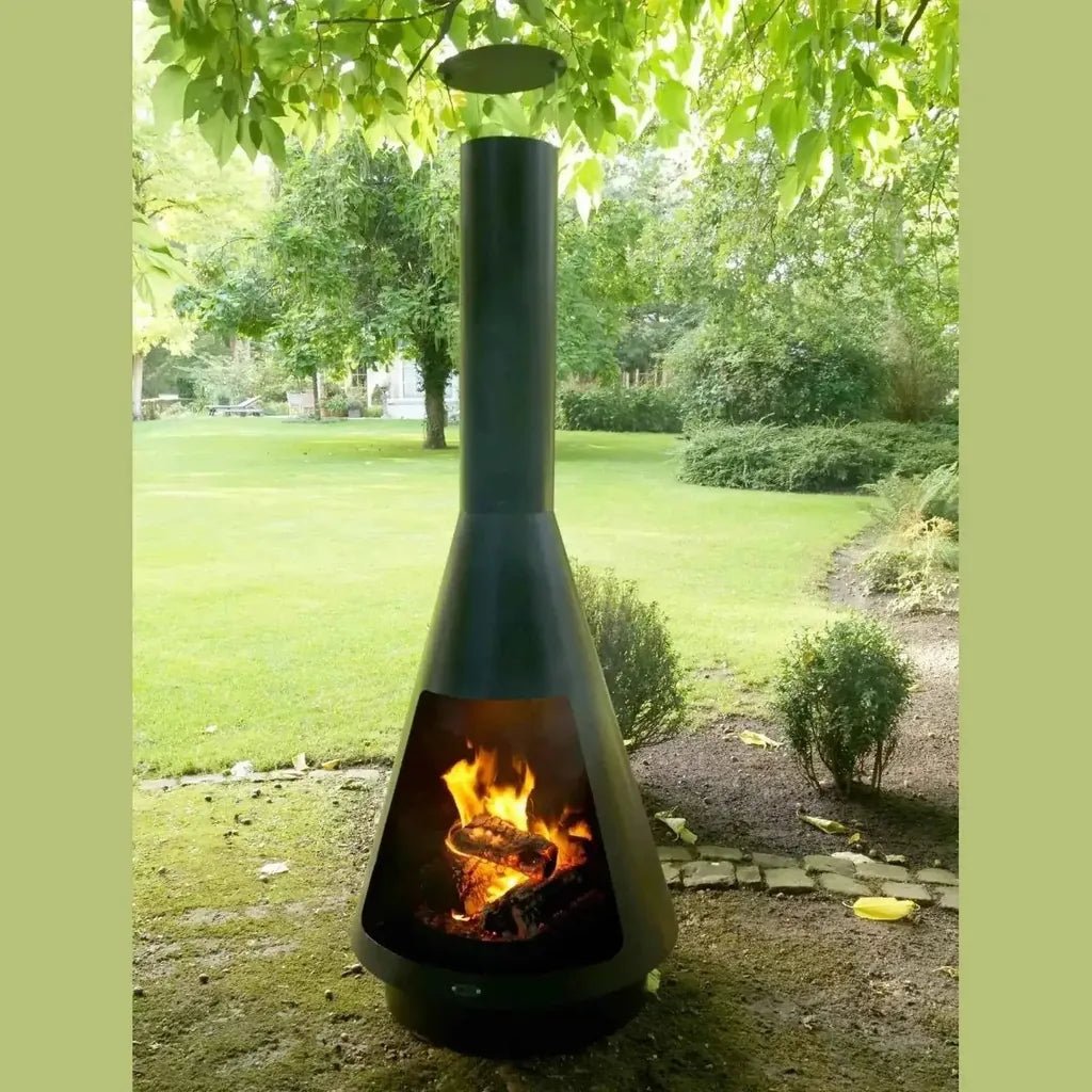 Black metal conical outdoor fireplace with tall chimney and visible flames heat la luz outdoor fireplace ch 002