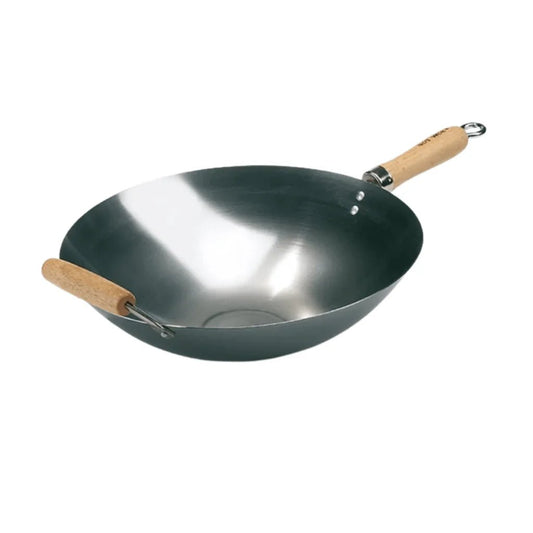 Black stainless steel wok pan 35cm with wooden handles and metal loop for hanging from hot wok HW3731