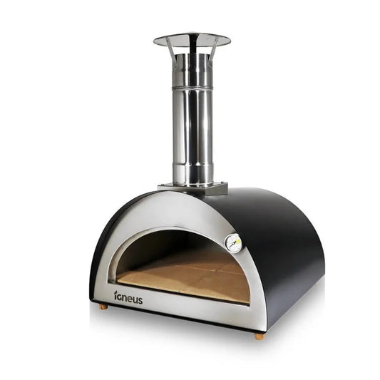 Igneus bambino wood-fired pizza oven in stainless steel and black enamel with curved front chimney and temperature gauge