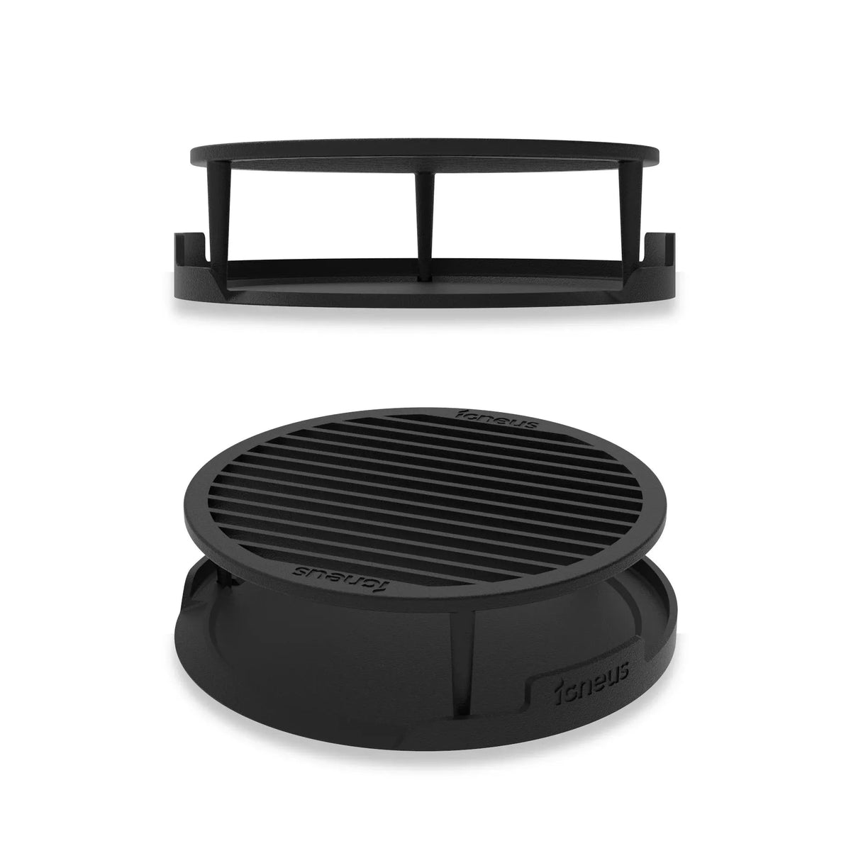 Black plastic circular fan grille with vertical slats and embossed brand name for igneus cast iron tuscan grill pizza oven grate
